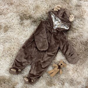 Brown Plush Baby Onesie with Antler Hood